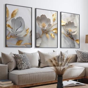 Imagem de Quadro Decorativo Delicado Abstrato Floral Branco e Dourado Elegância e Delicadeza em 3 Telas para Sala, Quarto e Escritório (Preto, 50x75, C/Vidro)