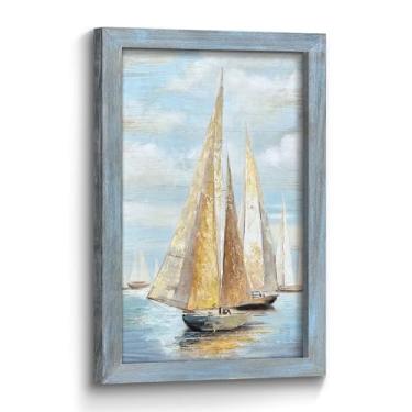 Imagem de Arte de parede de veleiro náutico oceânico: barco marítimo emoldurado de madeira litorânea rústica impressão de pintura de paisagem à beira-mar praia relaxante arte para sala de estar quarto banheiro