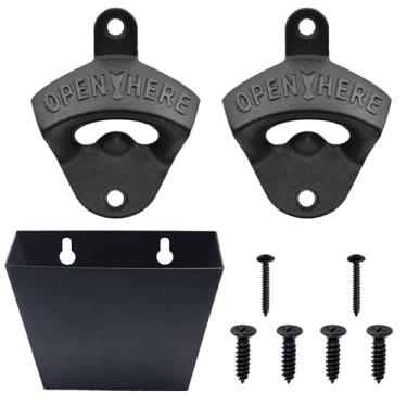 Imagem de Luwanburg Abridor de garrafa preto montado na parede abridor de cerveja de ferro fundido com tampa balde apanhador para casa bar KTV Hotel