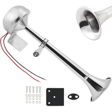 Imagem de Chifre de trompete único náutico de barco 12 V elétrico de aço inoxidável para barcos, veleiro, iate, veículo off-road, caminhão, SUV, trailer, vans, carro de turismo (tom único prateado)
