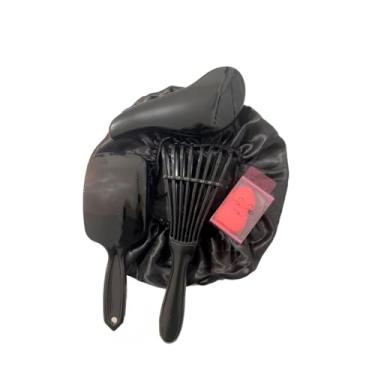 Imagem de Kit 03 Escova com Raquete Fashion Touca de Cetim e Esponjinha para Maquiagem (Preto/Preto)