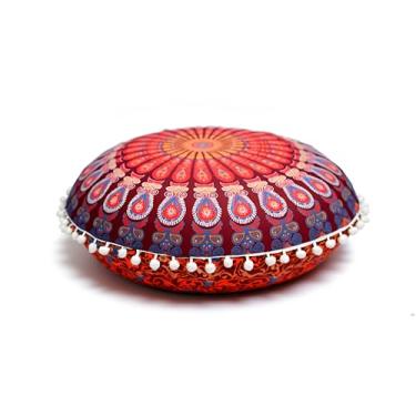 Imagem de CRAFT KALA Capa de almofada de mandala redonda para adultos - Capa de almofada grande de meditação - Capa de pufe de piso externo premium - Capa de almofada de ioga para sentar no chão 81 cm Maroon