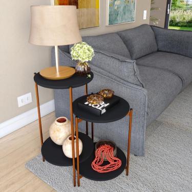 Imagem de Conjunto Mesa De Centro E Lateral Lunis Preto Com Pés De Ferro Bronze
