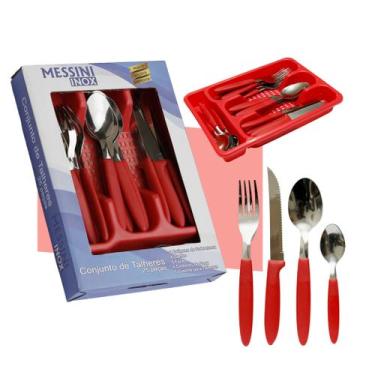 Imagem de Faqueiro inox jogo de talher com porta talher com 25 peças vermelho - 