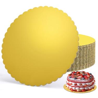 Imagem de EUSOAR Tábuas de bolo redondas de 30,5 cm, pacote com 25 pratos de pizza com base redonda de papelão ondulado dourado, bandeja descartável, círculos de bolo à prova de gordura para casamento