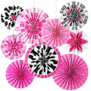 Imagem de Outus 9 peças de decoração de festa de vaqueira de discoteca, leques de papel, decorações de aniversário de vaqueiras ocidentais, botas de vaca rosa, chapéu para pendurar no teto, para último rodeio