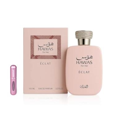 Imagem de Perfume Hawas Éclat Eau de Parfum de 100 ml, perfume árabe para mulher de longa duração, inclui atomizador recarregável, fragrância feminina floral e luminoso, com notas de líchia, rosa e incenso