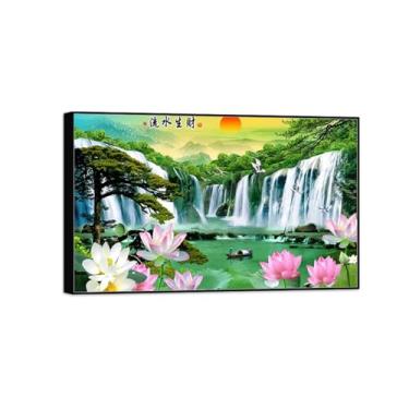Imagem de BMZFYBS Impressão em tela de paisagem - árvore cachoeira lótus-natureza arte de parede imagem chinoiserie - pôster de decoração de moldura preta 80 x 130 cm 31 x 51 pol