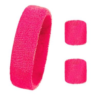 Imagem de Bandanas de suor para mulheres e homens, pulseiras de treino rosa neon esportivas, faixas elásticas para cabeça e pulseiras, acessórios de fantasia esportiva dos anos 80 para mulheres e homens, faixas