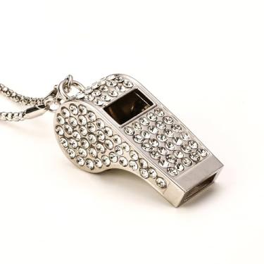 Imagem de UnisonPet Apito, apito de strass de cristal de metal, apito brilhante, apito brilhante com corrente para árbitros, treinadores, professores, policiais, treinamento (prata)