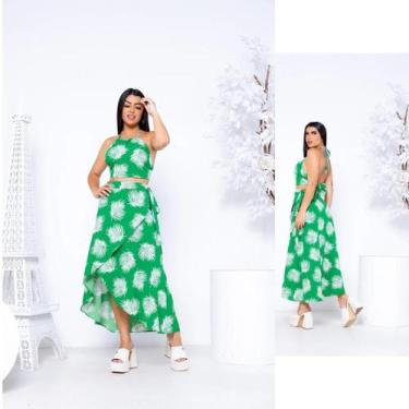 Imagem de Kit Saia Envelope Midi Longa Transpassada E Cropped - FOLHAS VERDE - C