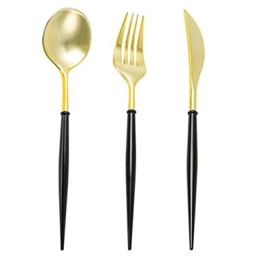 Imagem de N9R 150 peças de talheres de plástico dourado - conjunto de talheres descartáveis dourados com alças pretas com 50 garfos, 50 colheres e 50 facas - perfeito para festas, aniversários, casamentos e uso