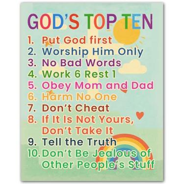 Imagem de ZUKIY God's Top Ten for Kids - Pôster de arte de parede cristã sem moldura 20 x 25 cm - Dez mandamentos para crianças - Decoração de versículo da Bíblia para quarto de escola dominical, sala de jogos