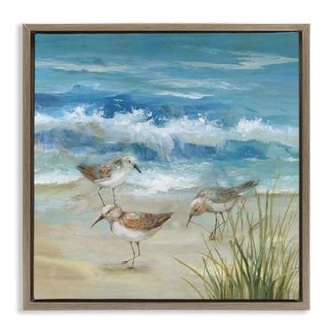Imagem de Stupell Industries Beach Sandpiper Gathering Brown Framed Floater Canvas Wall Art Design por Nan, 25 x 25