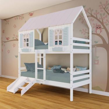 Imagem de Beliche Casinha Bela Kit Escada/Escorregador - Madeira Maciça Branco/Rosa/Verde | Megamobilia