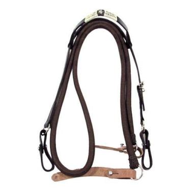 Imagem de Cabeçada Preta Rédea Marrom Para Cavalo Trançada Zamac Estrela - Couro