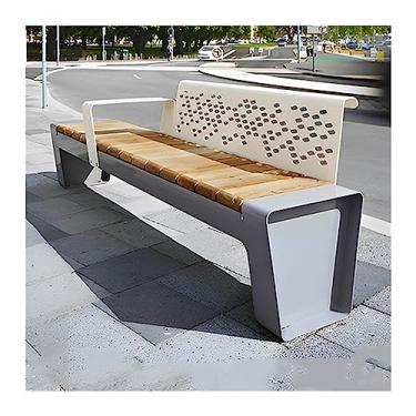 Imagem de Banco de piquenique Banco de parque com apoios de braços, cadeira de banco externo de 199 cm com assentos de ardósia de madeira, estrutura e encosto de aço espesso, banco de jantar moderno para lazer