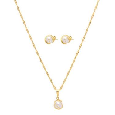 Imagem de Conjunto Colar E Brinco Pérola Folheado A Ouro 18k - Milena Joias