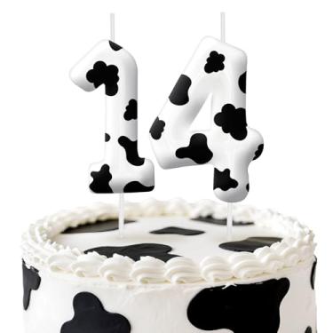 Imagem de Velas de aniversário de vaca, decoração de topo de bolo de 6 cm, número 14 velas, decorações de aniversário, decorações de bolo de festa de aniversário, suprimentos de festa