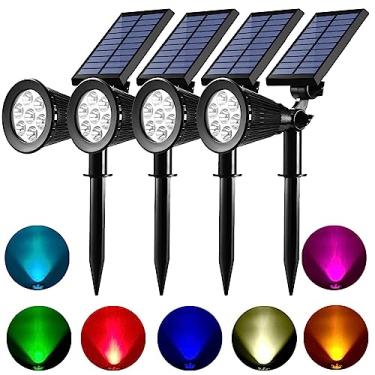 Imagem de Holofotes solares para ambientes externos, à prova d'água, movido a energia solar, iluminação paisagística, mudança de cor, ligar/desligar automaticamente para quintal, jardim, árvore, pacote com 4