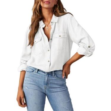 Imagem de Camisa feminina elegante de ganga com botões e decote em V, branca, ta