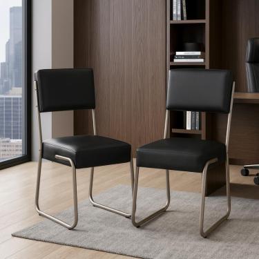 Imagem de Kit 2 Cadeiras Decorativa Sala De Estar Cozinha Jantar Flórida Couro Sintético Preto Tubo Champagne
