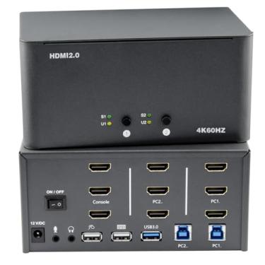 Imagem de KVM Switch 3 monitores 2 computadores, HDMI 4K@60Hz KVM Switch com USB 3.0, 2 computadores compartilham um conjunto de teclado, mouse e monitores, suporta Windows/Mac/Linux (HM-KVM2-3)