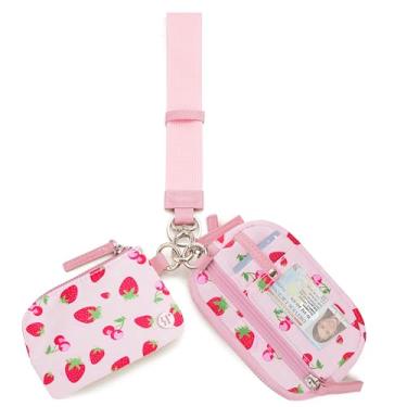 Imagem de Sunpour Carteira feminina de nylon, bolsa dupla, porta-chaves com janela para identidade, bolsa de moedas e alça de pulso para viagens, Morango, Small