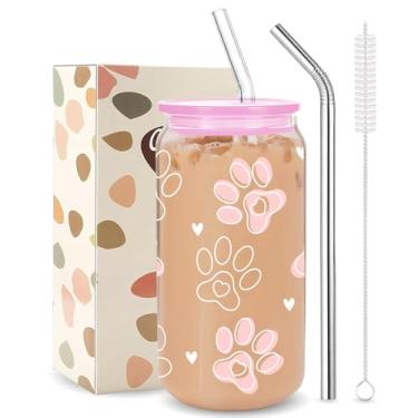 Imagem de Cute Dog Paws Copo de Bebida Caneca de Café de Vidro Amante de Cães com Tampa e 2 Canudos - Presentes em Memória de Cães - Presente de Mãe de Cachorro para Aniversário, Mães, Férias, Natal, Dia de