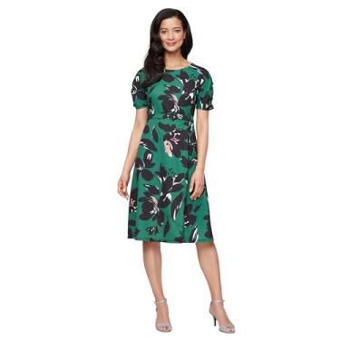 Imagem de S.L. Fashions Vestido feminino midi estampado casual primavera/verão, vestido de convidada de casamento, com decote sobrepeliz e mangas esvoaçantes, Verde multi, 46
