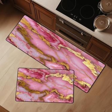 Imagem de EDGZKO Tapete de cozinha rosa e dourado: conjunto de 2 peças de tapetes e tapetes de cozinha de mármore lavável abstrato rosa tapete para pia de chão, sala de jantar, lavanderia, corredor, escritório