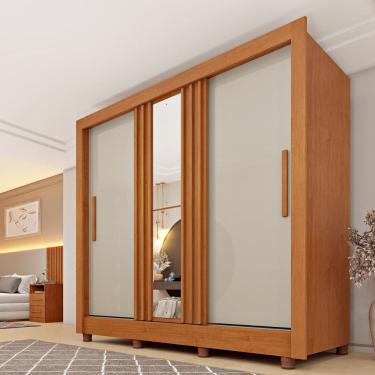 Imagem de Guarda Roupa Casal 3 Portas Taiffa Ripado 190cm com Espelho e Pés Espresso Móveis Cinamomo / Off White