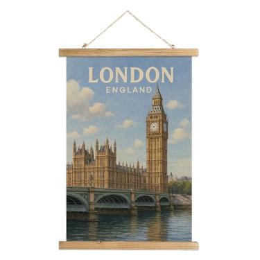 Imagem de WREVERW Pôster vintage de arte de parede Londres Inglaterra, Big Ben e Parlamento, tela com moldura de madeira, decoração de viagem para sala de estar, quarto, escritório, 40 x 58 cm