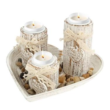 Imagem de 3 peças de castiçais votivos de madeira, castiçais decorativos, suporte de castiçal de madeira elegante com bandeja de coração para chá de casamento, festa e decoração de casa