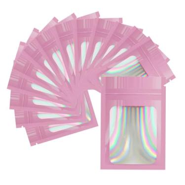 Imagem de Bolsa Mylar rosa 7 x 10 cm holográfica resselável, bolsa de embalagem transparente à prova de odor bolsa de alumínio para armazenamento de alimentos, brilho labial, joias, embalagem de cílios para