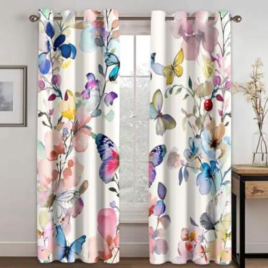 Imagem de Cortinas pretas florais rosa 243,8 cm de comprimento, conjunto de 2 painéis, borboleta, botânicas, blackout, cortinas sombreadas, tratamento de janela, escurecimento, isolamento térmico, cortinas para