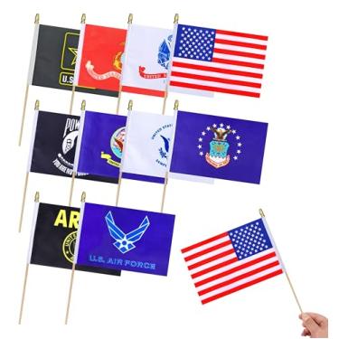 Imagem de HSQCEZ Conjunto de 10 bandeiras militares pequenas bandeiras das forças armadas do exército em bastão de madeira, todos os ramos militares mini bandeiras manuais para decoração do Dia dos Veteranos