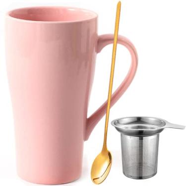 Imagem de Arawat Caneca grande 500 ml caneca de chá com coador XXL caneca de chá de cerâmica original com colher e porta-copos 500 ml caneca de café bonito presente de aniversário chá xícara de café presente