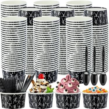 Imagem de Ninehaoou 200 peças de copos de sorvete de papel de Dia das Bruxas de 227 g Copos de lanche de petisco fantasma esqueleto assustador tigelas de papel descartáveis com colheres pretas de plástico para