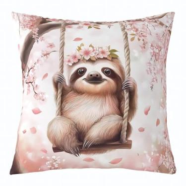 Imagem de Manfei Capa de almofada infantil de preguiça de desenho animado, capa de almofada de sofá de dois lados com flor de cerejeira japonesa, animal selvagem fofo, rústico, rosa, sofá, capa de almofada