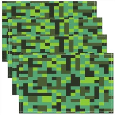 Imagem de Jogo americano infantil Pixel Grid Miners, conjunto de 4, tapetes de mesa pixelados de patchwork geométrico, gamepad de desenho animado, videogame, decoração de cozinha, jogo americano verde ciano