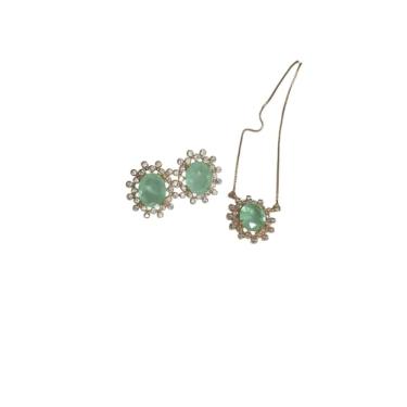 Imagem de Conjunto Oval com Mini Zircônia em Banho de Ouro 18k, Formato Oval, Banhado a Ouro, Pedraria em Zircônia (rosa)