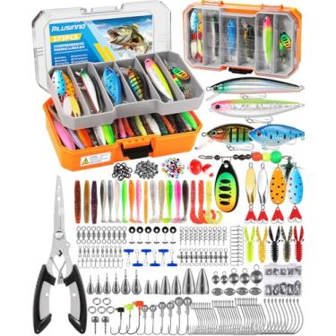 Imagem de PLUSINNO Caixa de equipamento de pesca com equipamento incluído, kit de iscas de pesca 373 peças com bandeja removível, equipamento de pesca com alicate, pesos, ganchos, acessórios, kit de iscas de