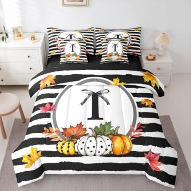 Imagem de Erosebridal Jogo de cama solteiro com letra I e laço alfabético fofo, 7 peças, para crianças, meninos, meninas, bolinhas, abóbora, outono, colheita, outono, folha de bordo