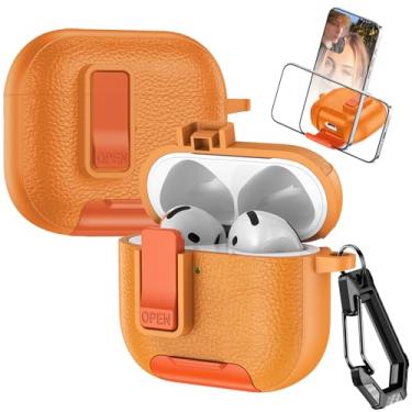 Imagem de Fofvccv Capa de couro para AirPods 4ª geração com mosquetão, suporta carregamento sem fio com suporte, capa de proteção robusta para AirPods 4, PWJ laranja