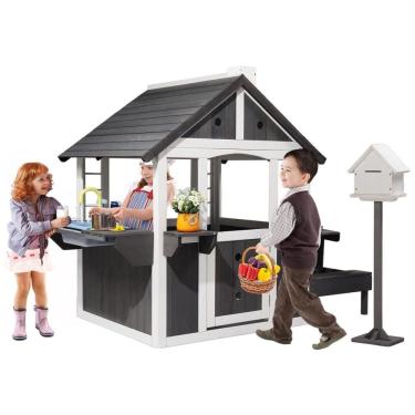 Imagem de Casinha de Madeira JOYMOR para Crianças ao Ar Livre com Pia, Mesa de Piquenique, Caixa de Correio e Suporte para Vasos de Flores -
