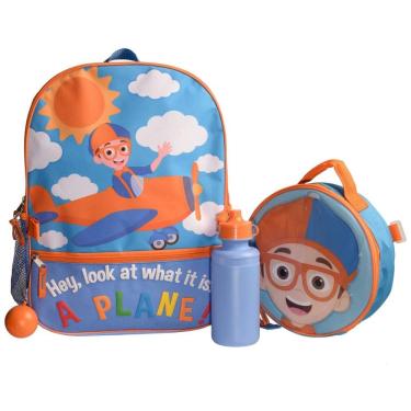 Imagem de Mochila Escolar Infantil Blippi com Lancheira, Garrafa de Água e Chaveiro Divertido, Azul e Laranja