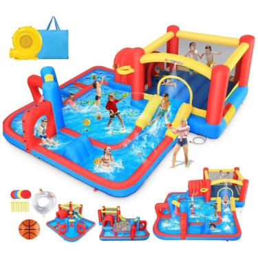 Imagem de Parque Aquático Inflável Gigante 4 em 1 com Tobogã e Piscina de Água, 4,35x4,35 metros, para Diversão Infinita das Crianças,Whubefy