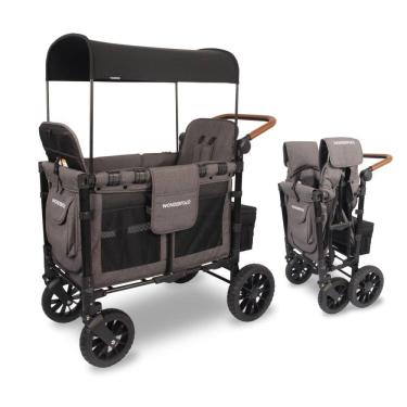 Imagem de Carrinho de Passeio para 2 Crianças Multifuncional com Porta Objeto e Cobertura, até 136 kg, WONDERFOLD W2, Cinza Carvão