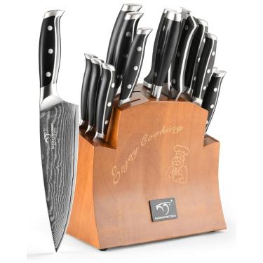Imagem de Conjunto de Facas em Aço Damasco VG10 com Bloco de Bancada e Afiador Embutido, 16 Peças, NANFANG BROTHERS, Preto